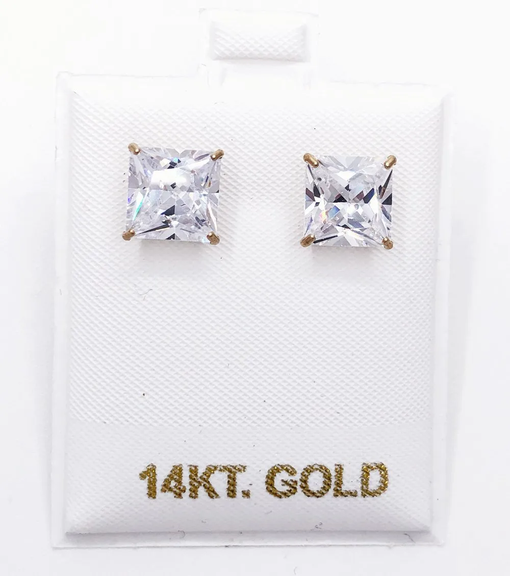 14K Gold Princess CZ Stud Earrings Bling Bling