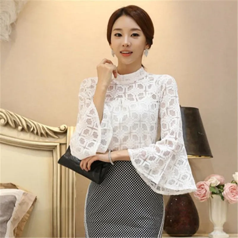 Autumn New Shirt Fashion Casual Female Nine Quarter Flare Sleeve Turtleneck Women Shirt Lace Blouse 71710 SM6