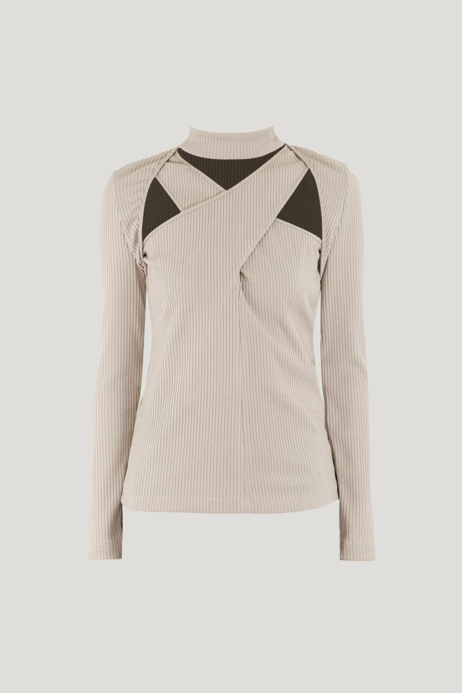 Beige Cross Cut-out Detail Turtleneck Top