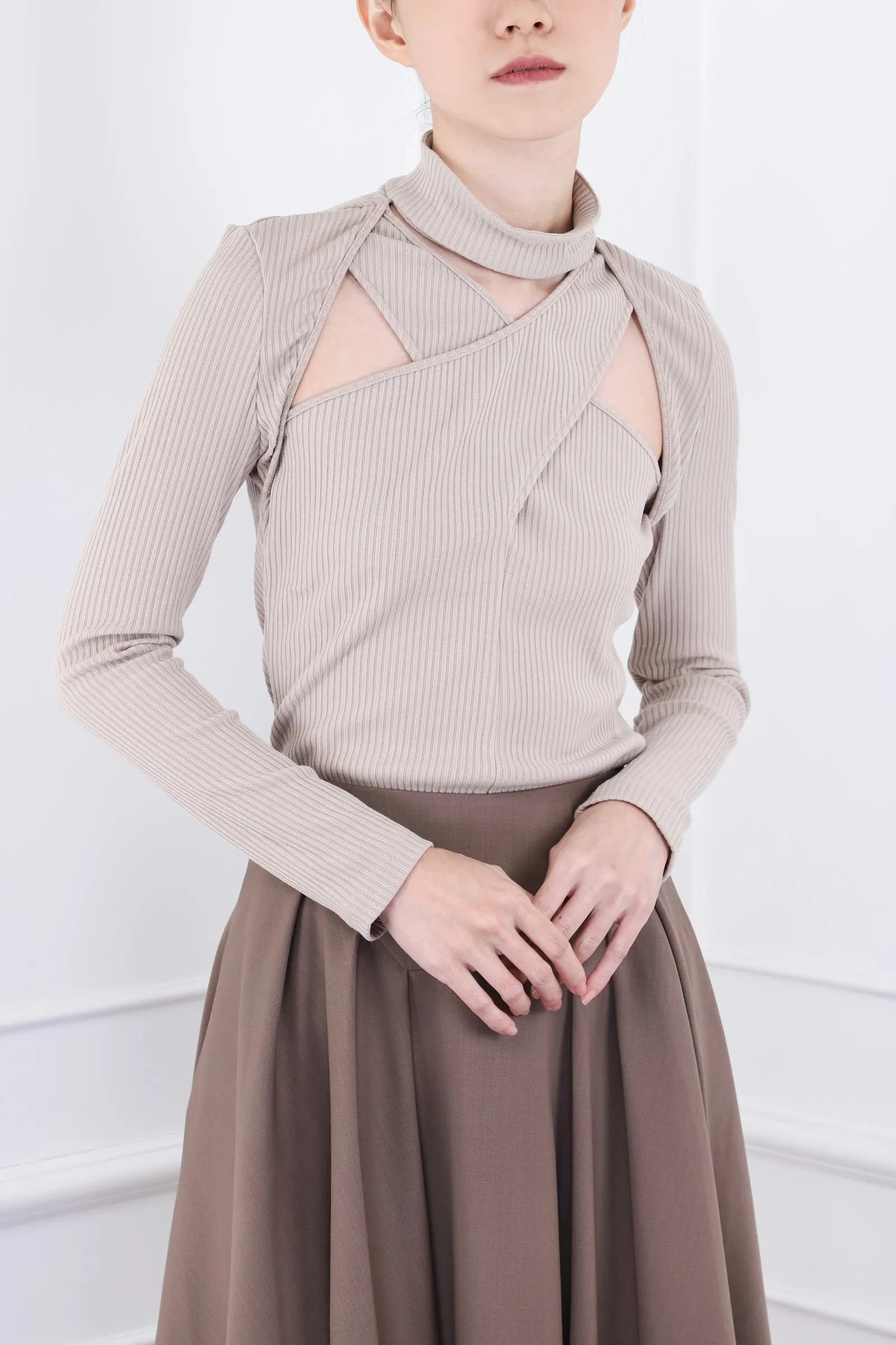 Beige Cross Cut-out Detail Turtleneck Top