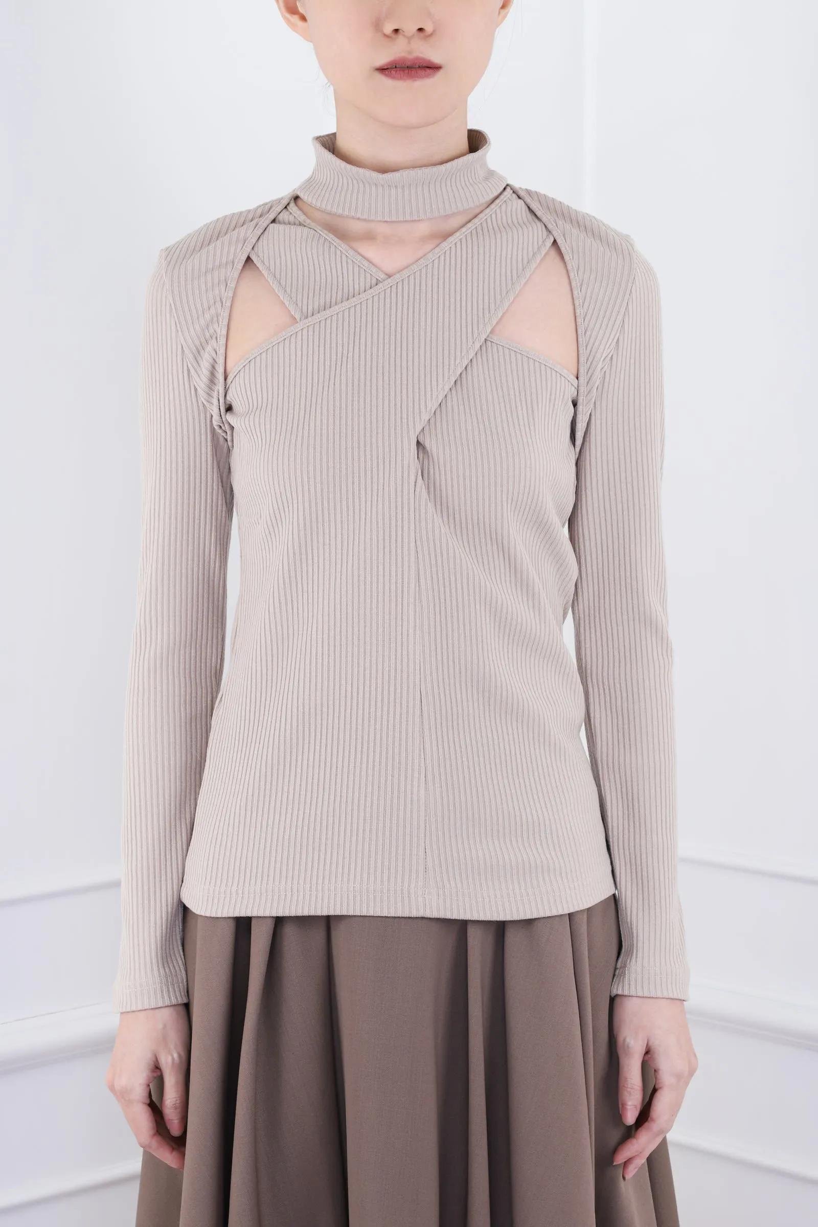 Beige Cross Cut-out Detail Turtleneck Top