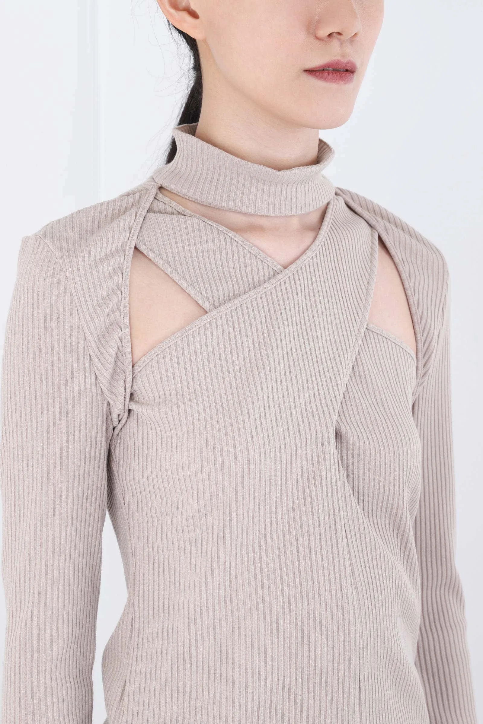 Beige Cross Cut-out Detail Turtleneck Top