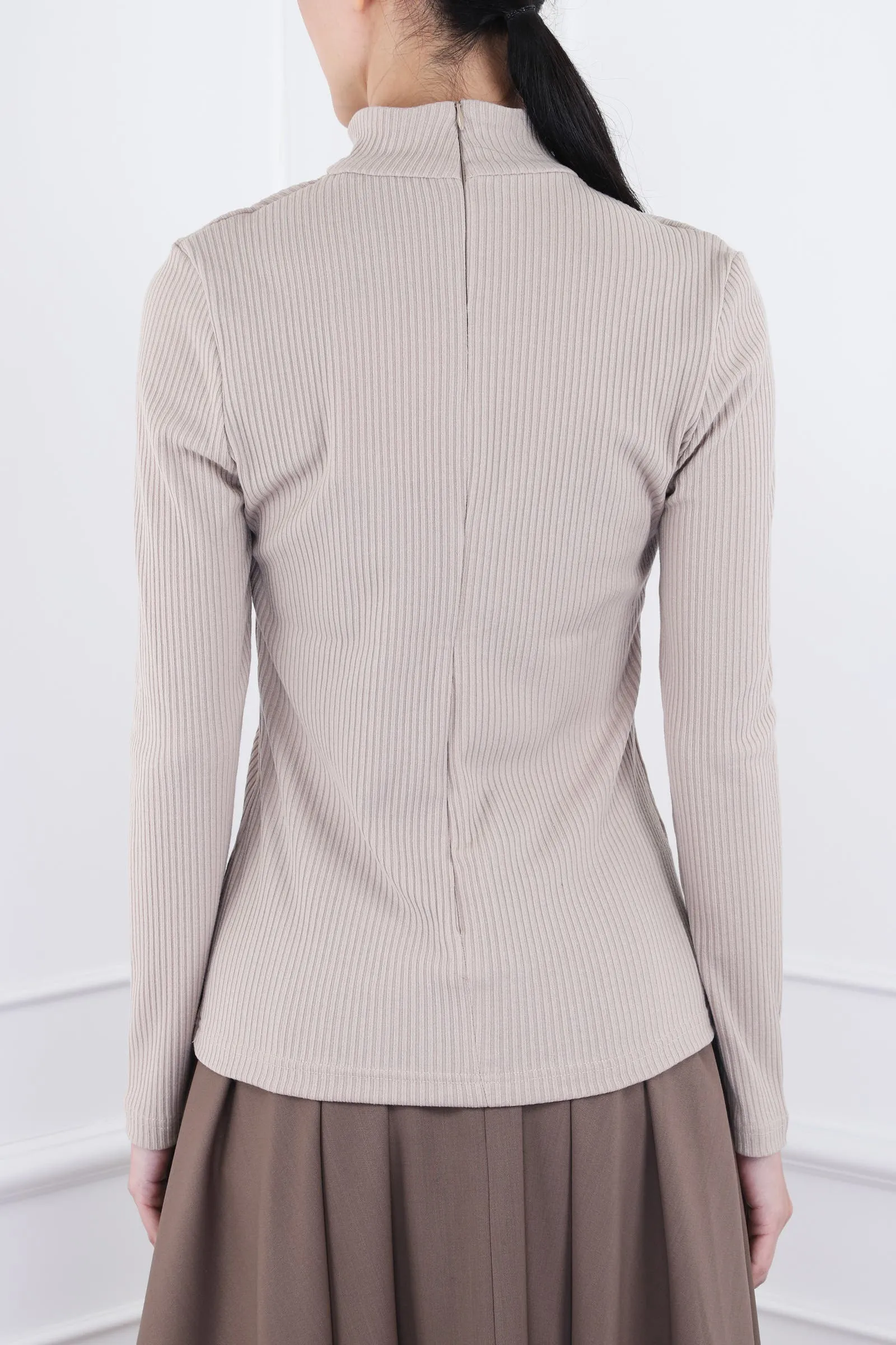 Beige Cross Cut-out Detail Turtleneck Top