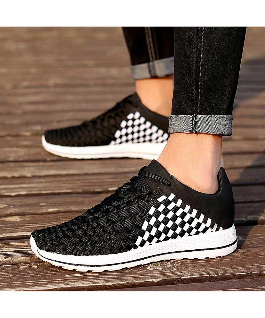 Black white weave check style shoe sneaker