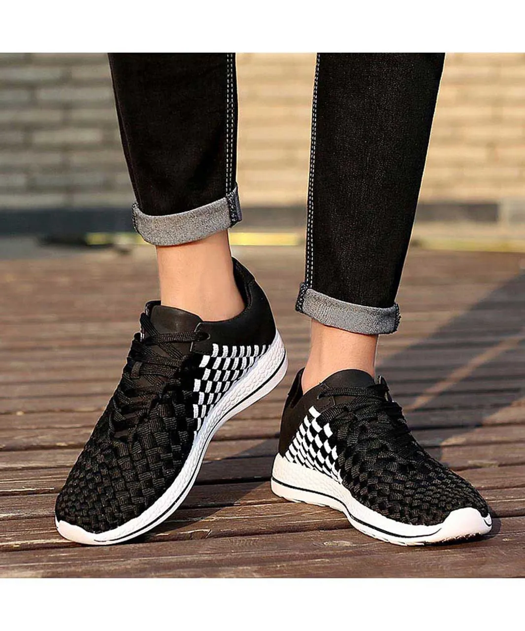 Black white weave check style shoe sneaker