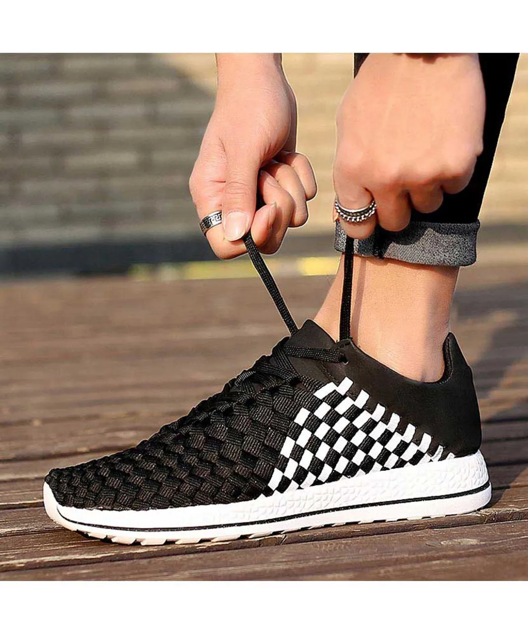 Black white weave check style shoe sneaker