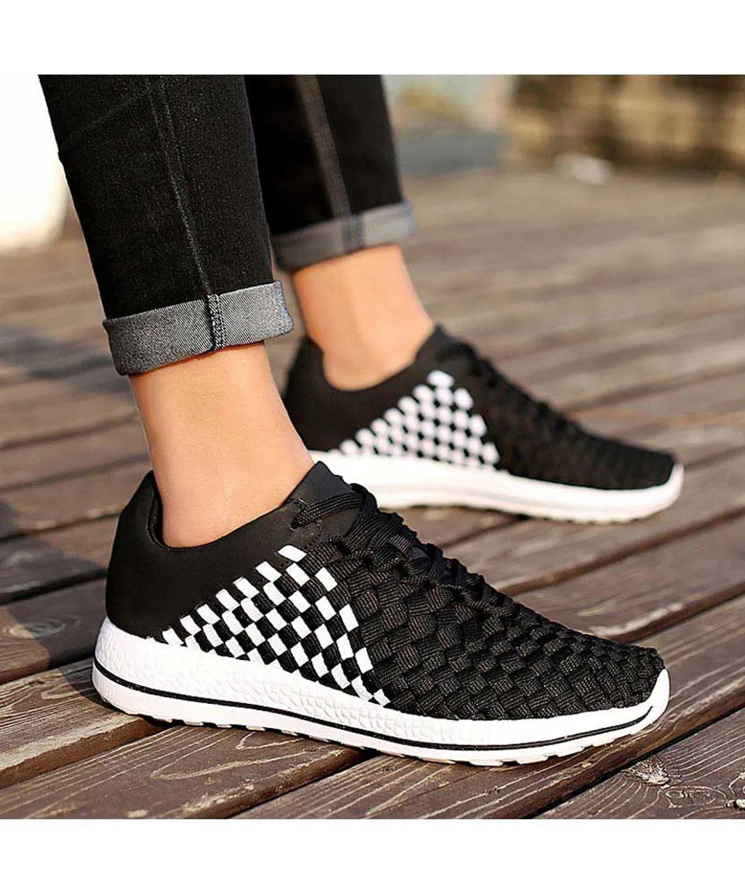 Black white weave check style shoe sneaker