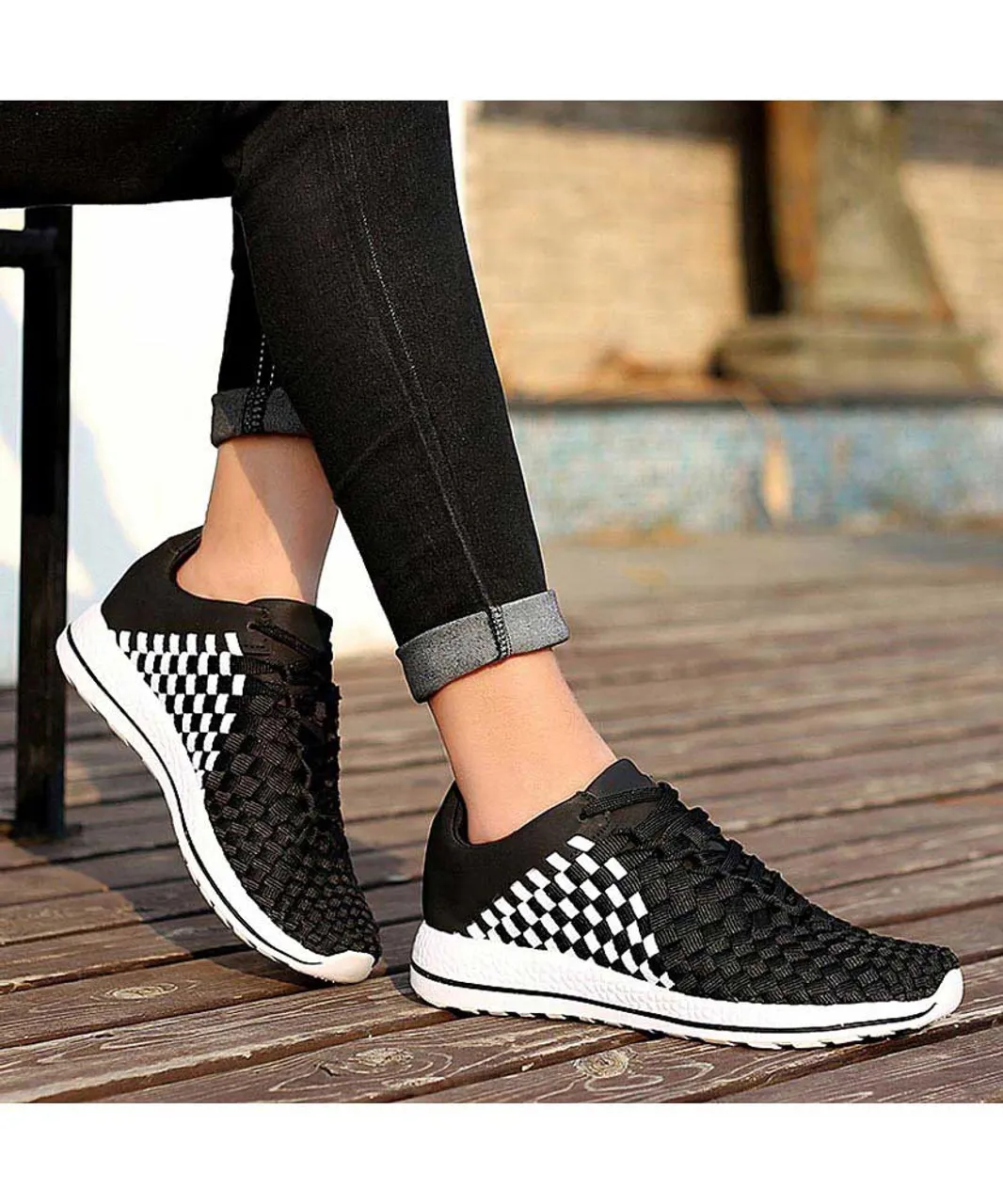 Black white weave check style shoe sneaker