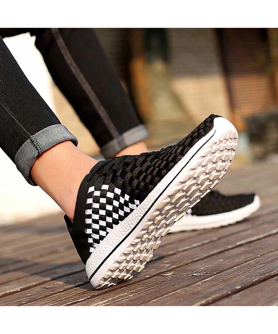 Black white weave check style shoe sneaker