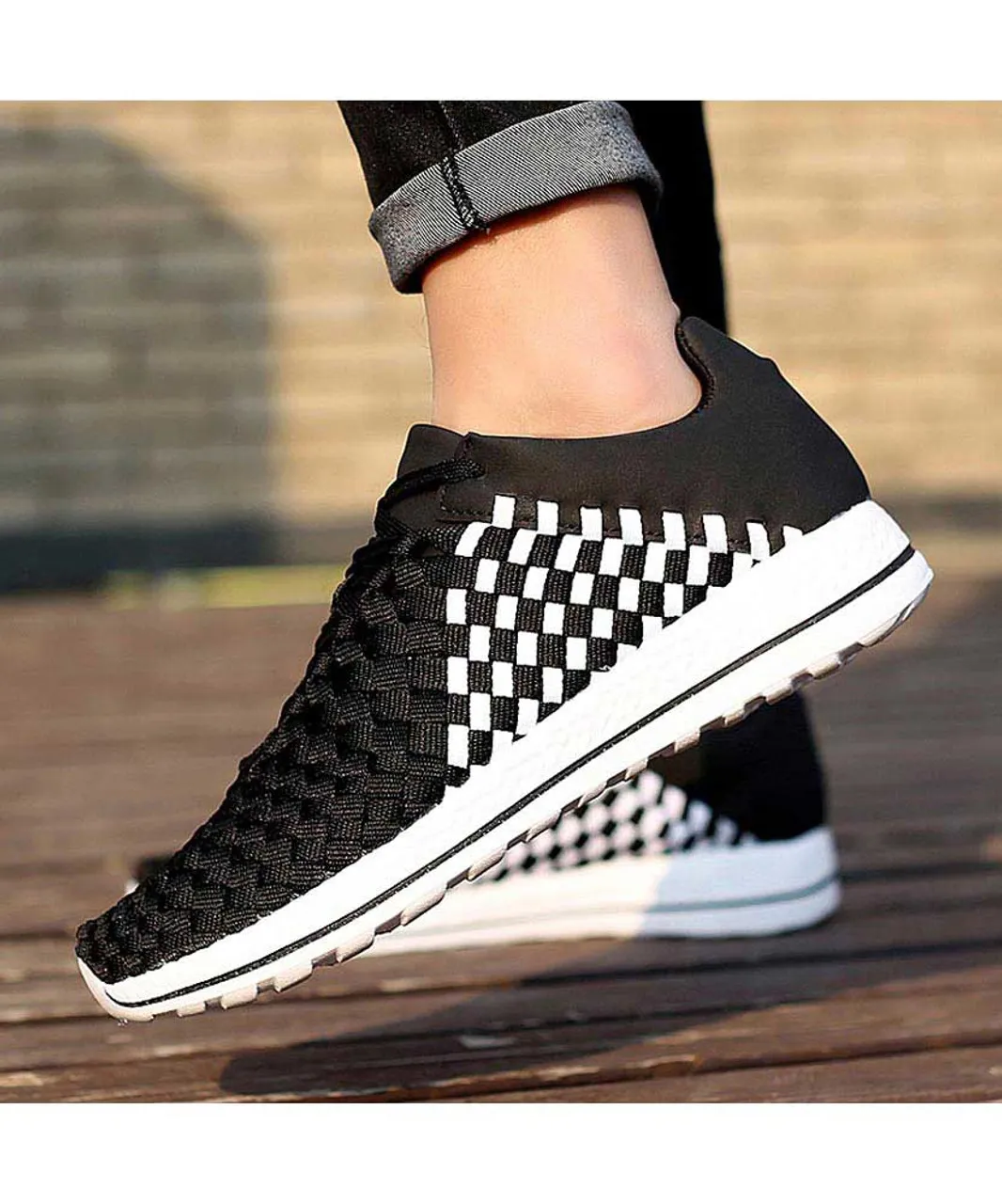 Black white weave check style shoe sneaker