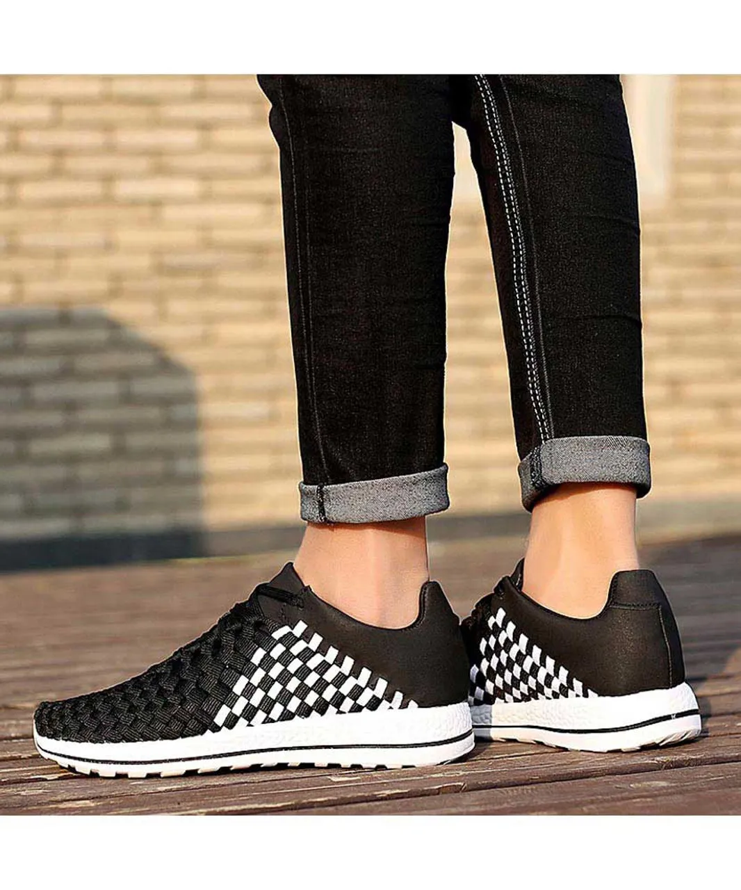 Black white weave check style shoe sneaker