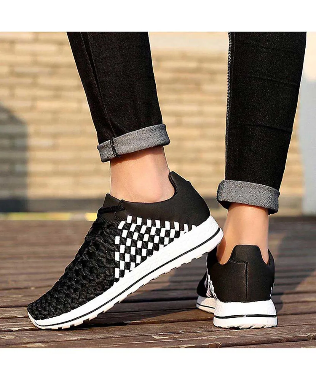 Black white weave check style shoe sneaker