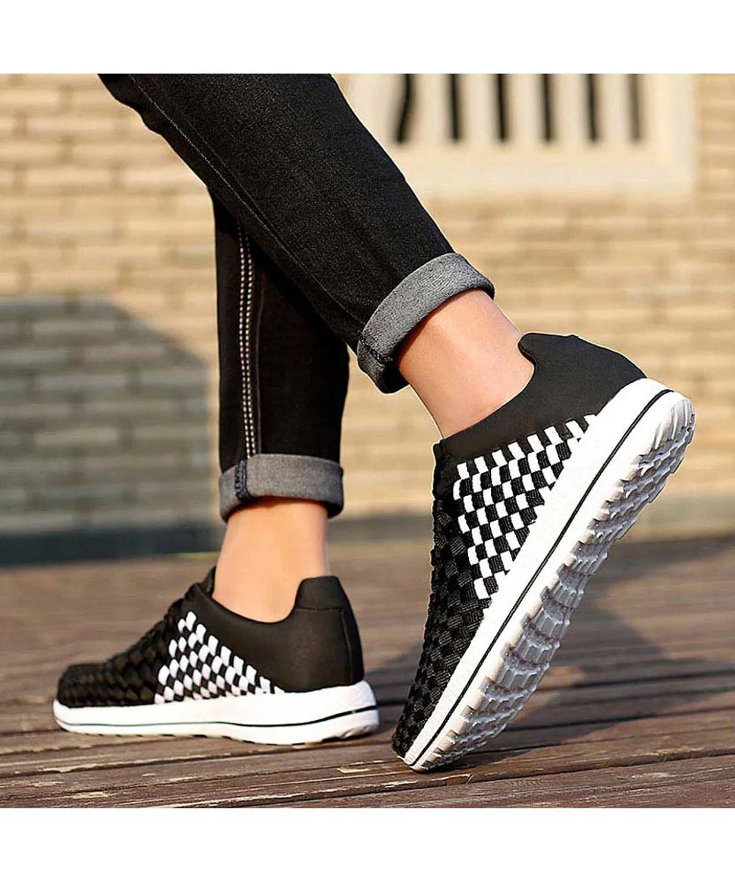 Black white weave check style shoe sneaker