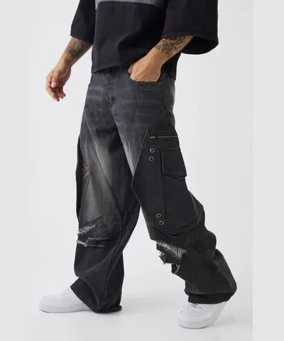 boohooMAN Mens Baggy Fit Ripped 3D Cargo Jeans