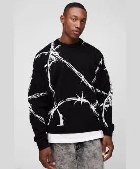 boohooMAN Mens Oversized Boxy Barbed Wire Jacquard Knitted Sweater