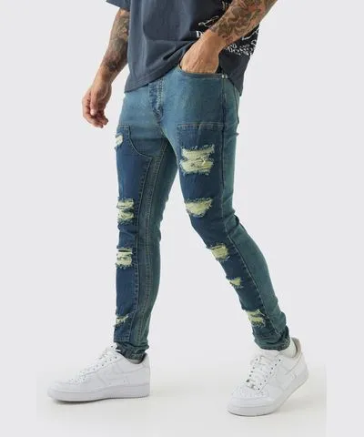 boohooMAN Mens Super Skinny Stretch Carpenter Rip & Repair Denim Jeans