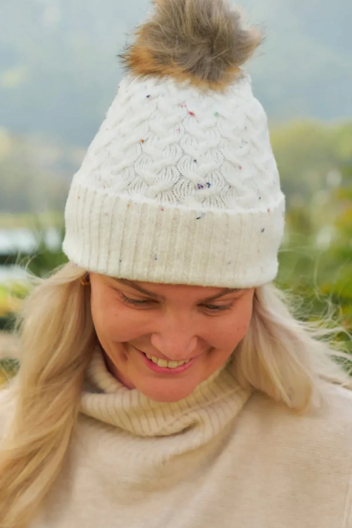 Cable Knit Snood & Beanie Set Speckle Cream