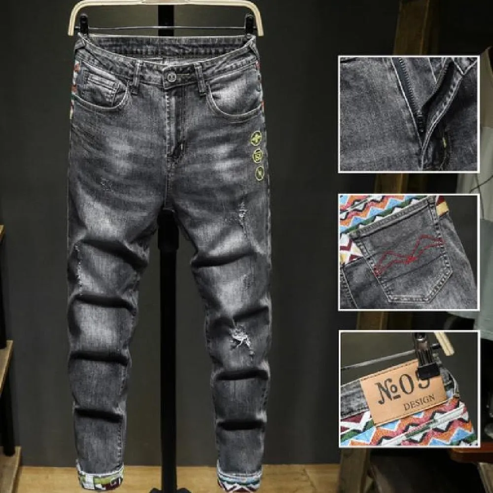 Chinese Style Torn Stretch Embroidered Hip Hop Skinny Jeans for Men