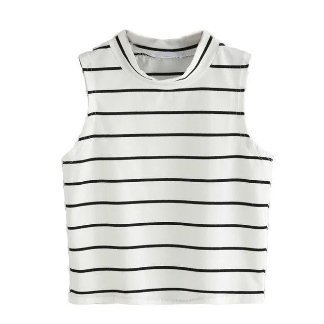 Cropped Tshirt Women Turtleneck Striped Korean Fashion Style Shirt Tops Sleeveless Sexy Women Tops Poleras De Mujer#212 SM6