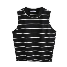 Cropped Tshirt Women Turtleneck Striped Korean Fashion Style Shirt Tops Sleeveless Sexy Women Tops Poleras De Mujer#212 SM6