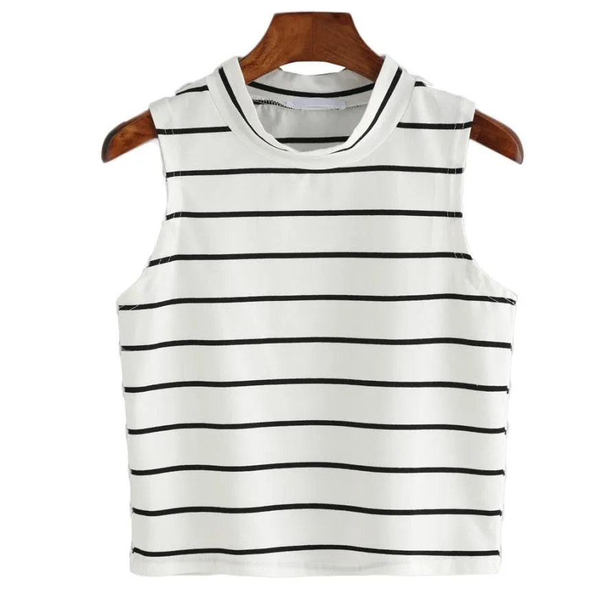 Cropped Tshirt Women Turtleneck Striped Korean Fashion Style Shirt Tops Sleeveless Sexy Women Tops Poleras De Mujer#212 SM6