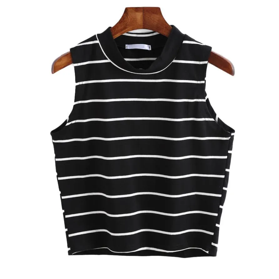 Cropped Tshirt Women Turtleneck Striped Korean Fashion Style Shirt Tops Sleeveless Sexy Women Tops Poleras De Mujer#212 SM6