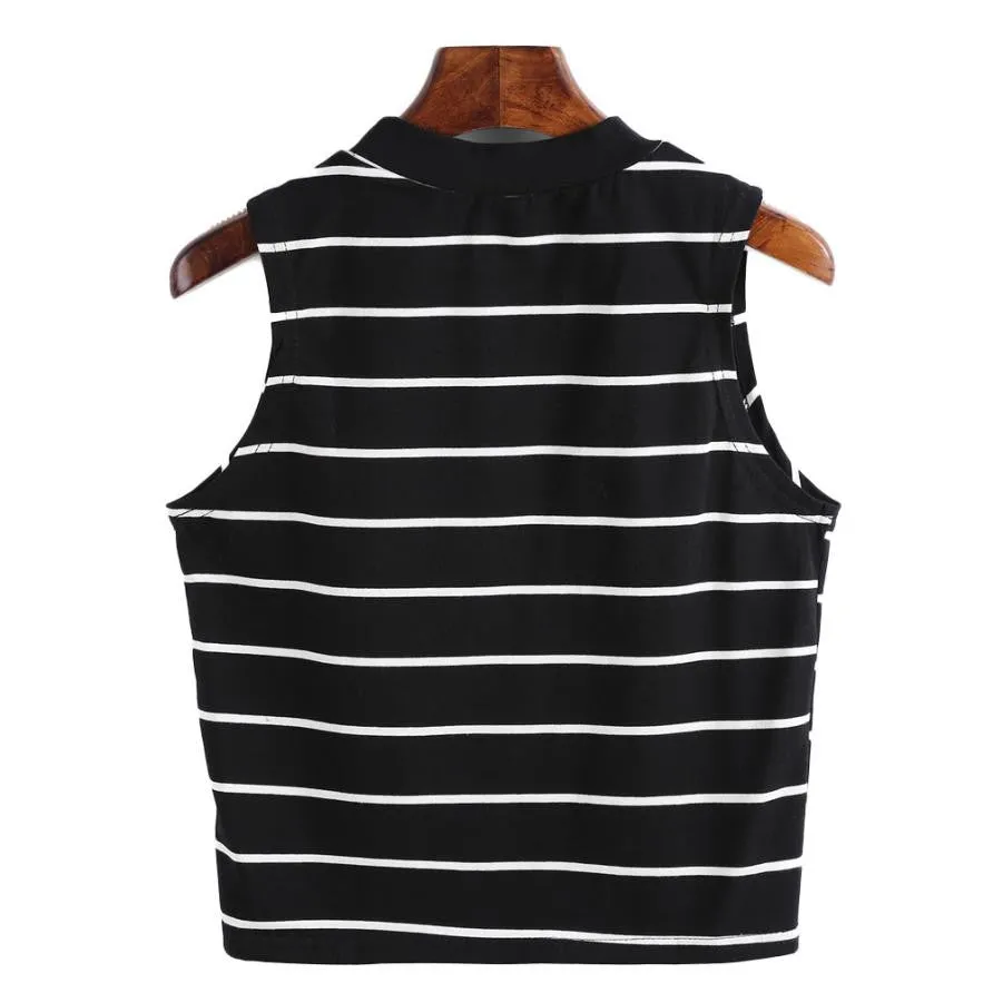 Cropped Tshirt Women Turtleneck Striped Korean Fashion Style Shirt Tops Sleeveless Sexy Women Tops Poleras De Mujer#212 SM6