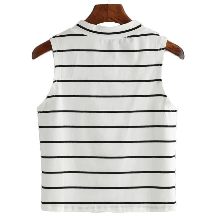 Cropped Tshirt Women Turtleneck Striped Korean Fashion Style Shirt Tops Sleeveless Sexy Women Tops Poleras De Mujer#212 SM6