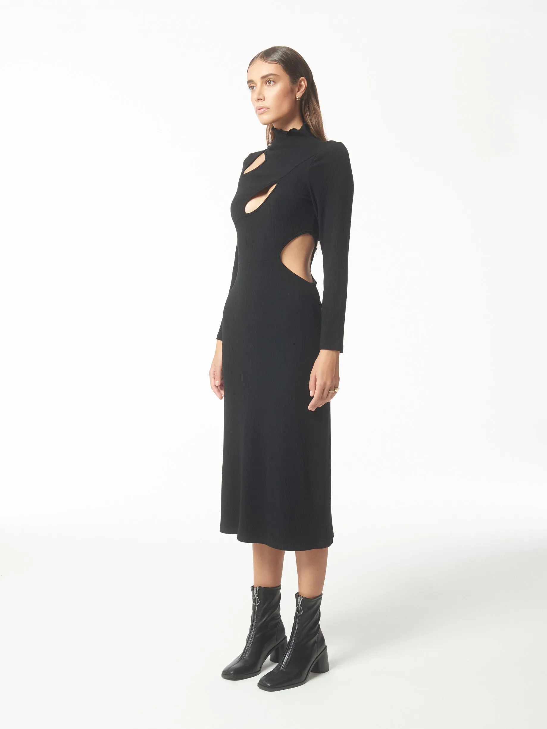 Cutout Stretch Knit Midi Dress in Black