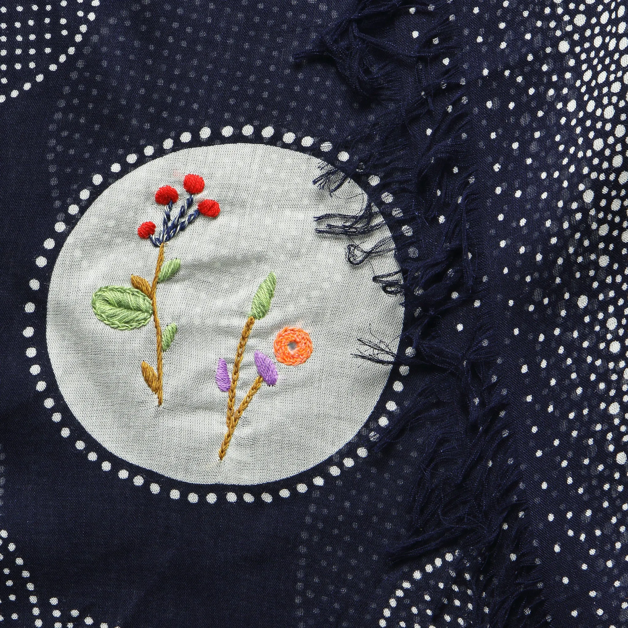 Flower Embroidery Dot Fringe Stole - Navy