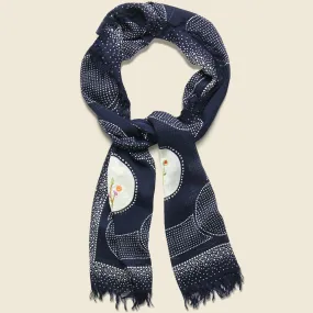 Flower Embroidery Dot Fringe Stole - Navy