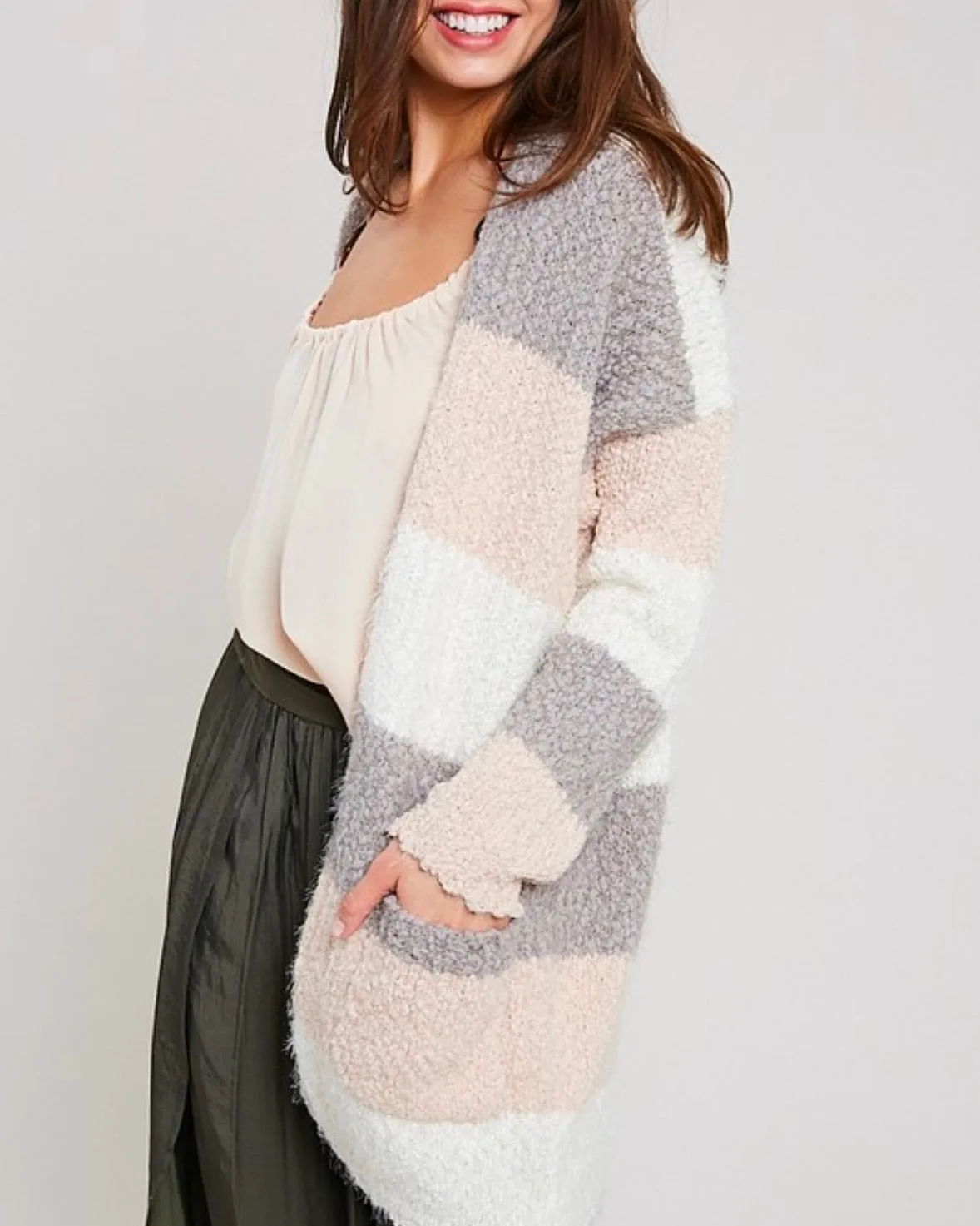 Fuzzy Popcorn Yarn Sweater Colorblock Long Cardigan in Stripe Cream Multi