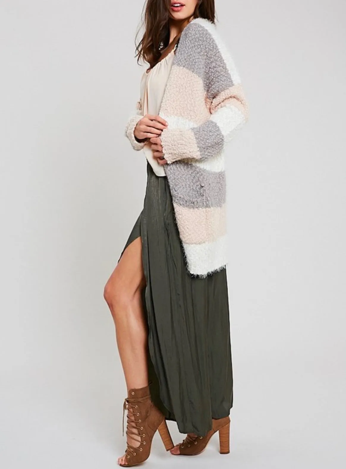 Fuzzy Popcorn Yarn Sweater Colorblock Long Cardigan in Stripe Cream Multi