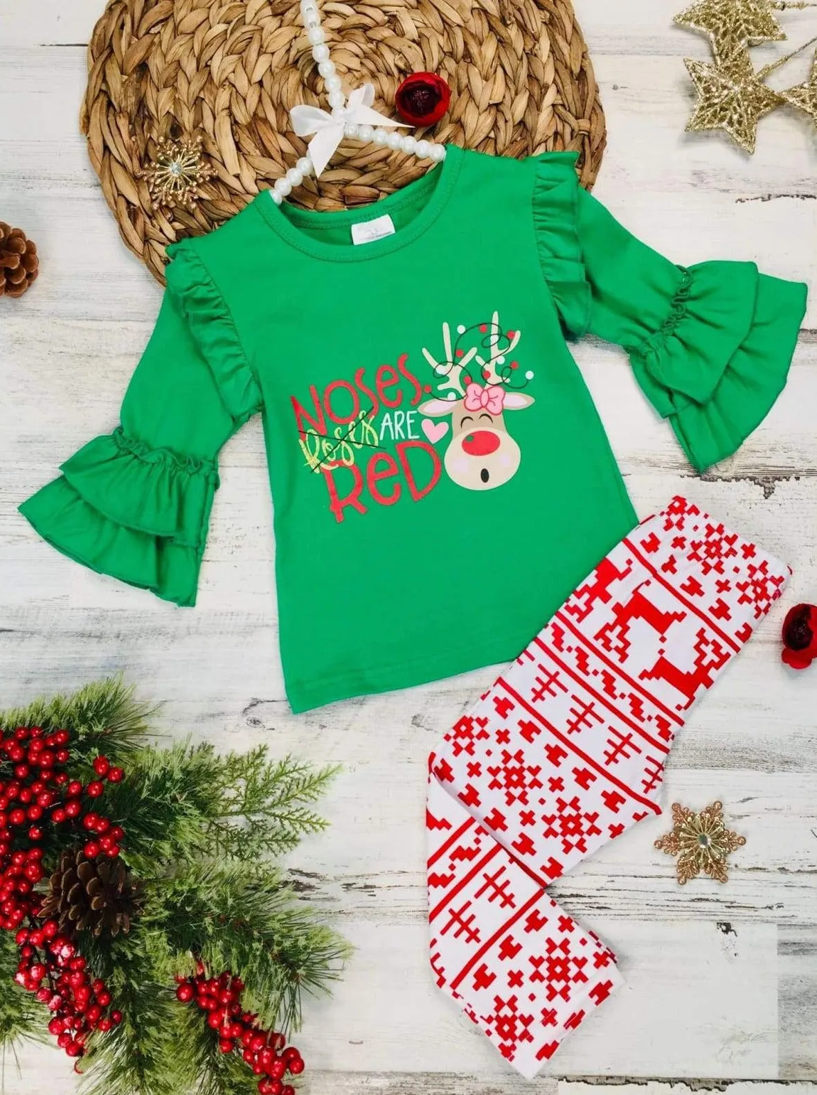 Girls Ruffled 3/4 Sleeve Noses Are Red Rudolph Print Top And Reindeer Print Leggings