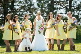 Halter Yellow Mini Short Length Satin  Rustic Country Bridesmaid Dresses with Cowboy Boots