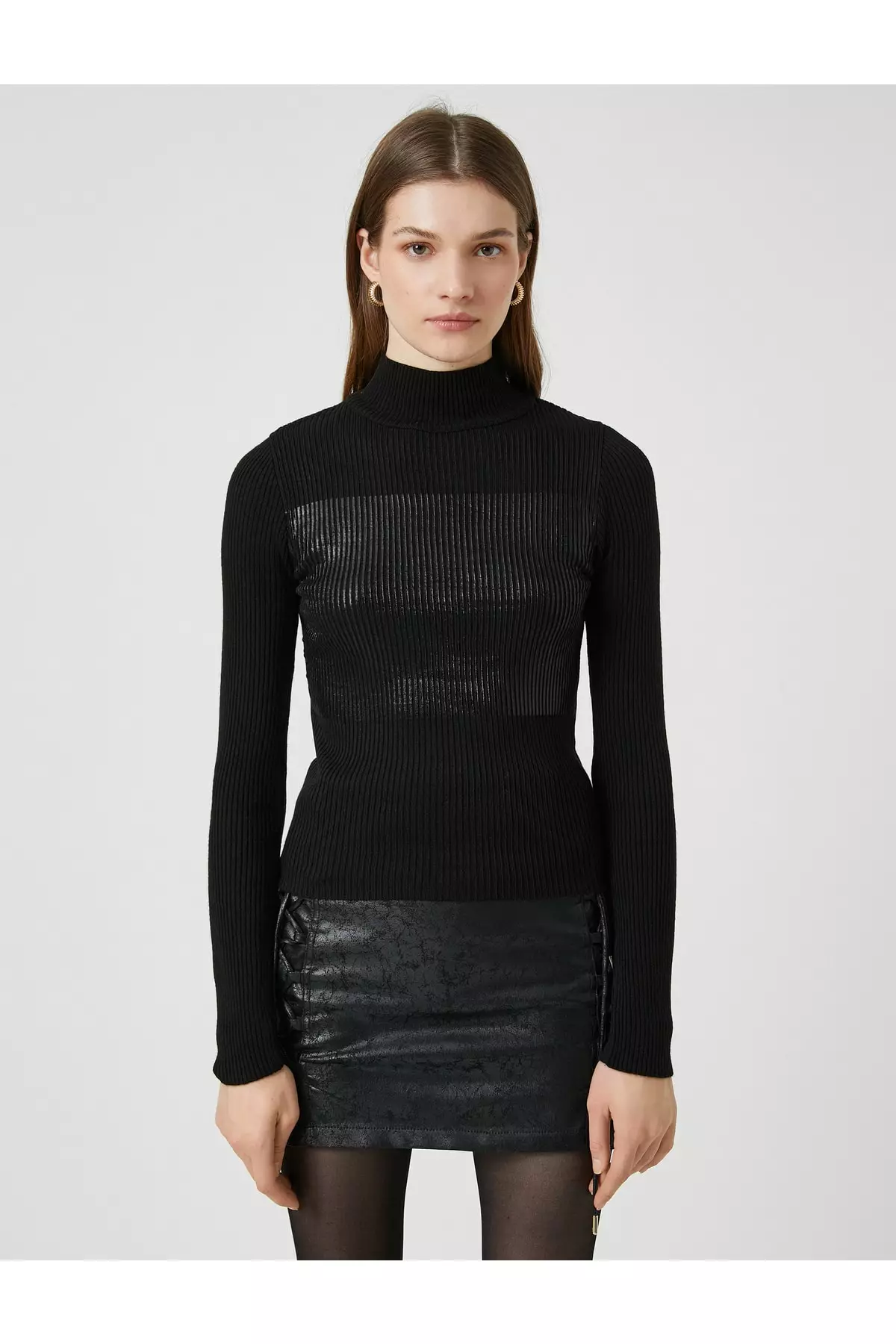 KOTON Printed Ribbed Turtleneck Sweater