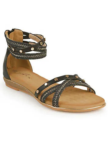 Lunar Exclusive Black Stud Braided Ankle Strap Flat Sandals