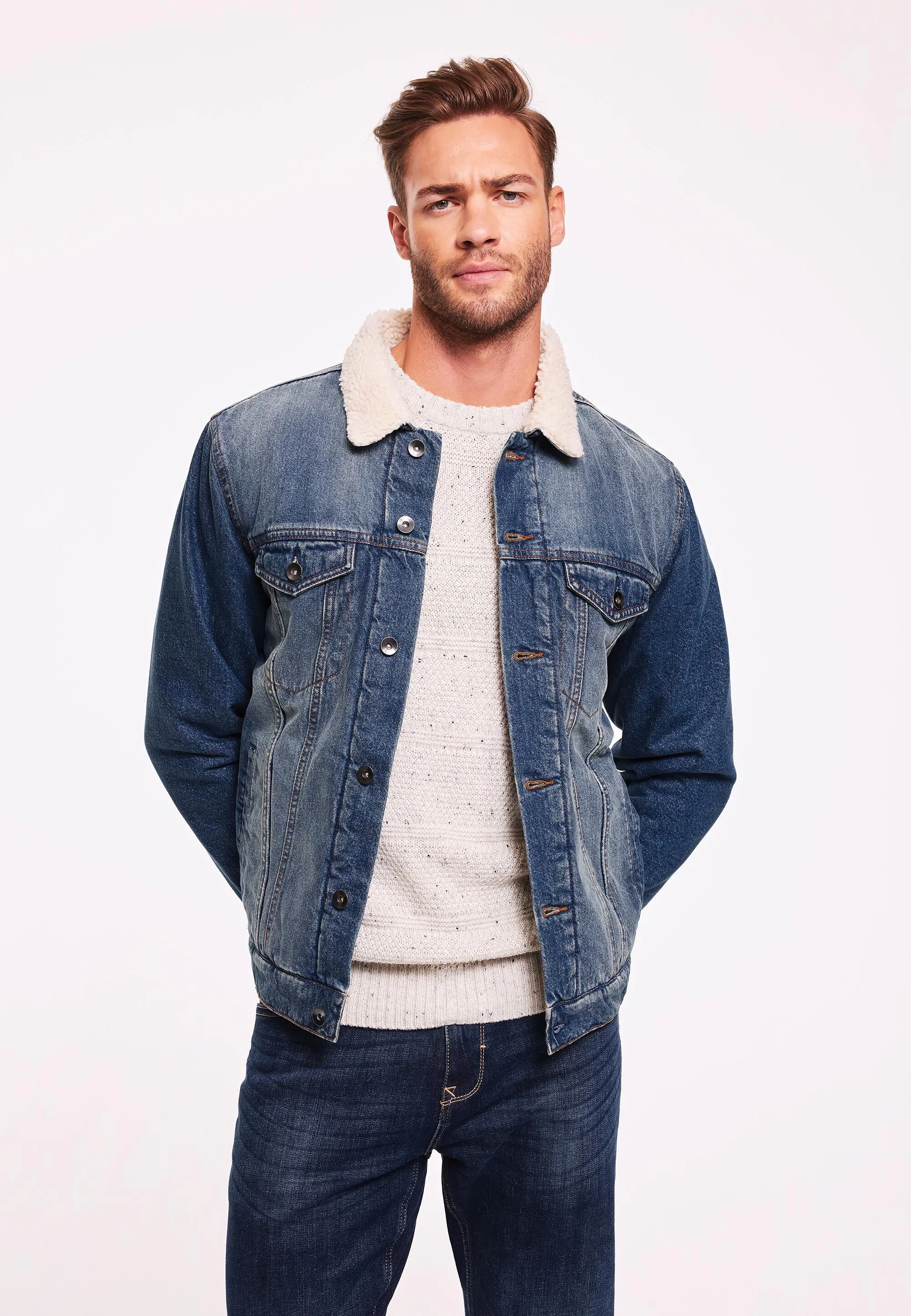 Mens Blue Denim Borg Lined Jacket