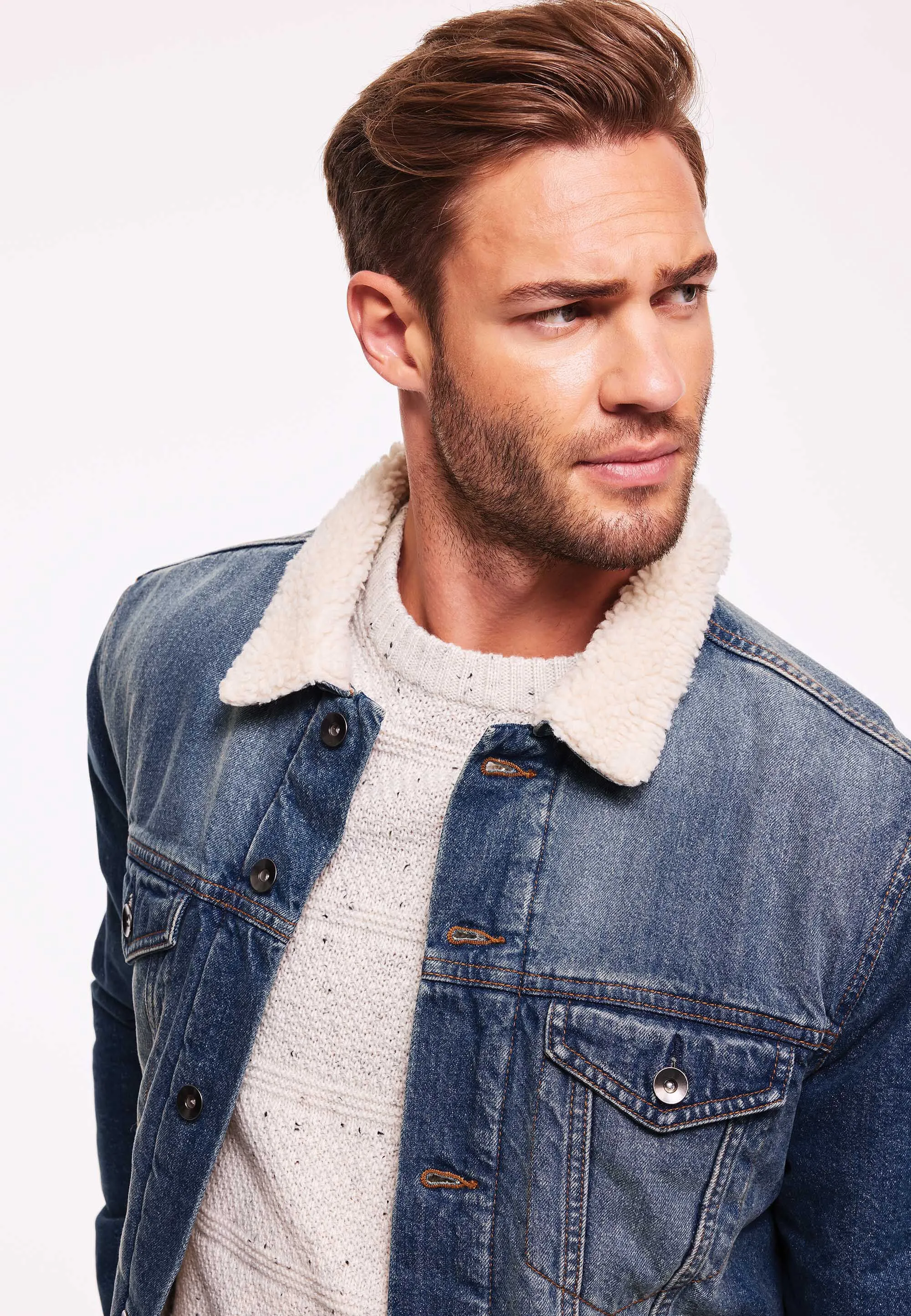 Mens Blue Denim Borg Lined Jacket