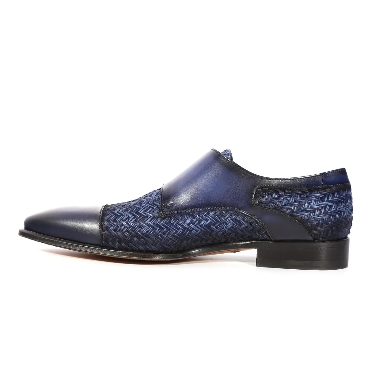 Mezlan Palomar 20688 Men's Shoes Blue Fabric / Calf-Skin Leather Dress/ Formal Monk-Straps Loafers (MZS3623)