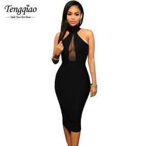 One-Step Sexy Black Bodycon Dress   Slim Turtleneck Sleeveless Black Long Party Dress Pencil Club Wear Sundress SM6