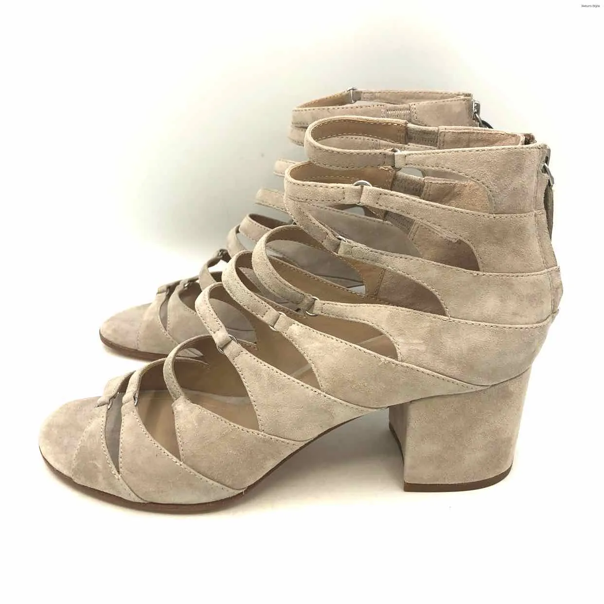 POUR LA VICTOIRE Beige Leather Strappy 2 Chunky Heel Shoe Size 8-1/2 Shoes