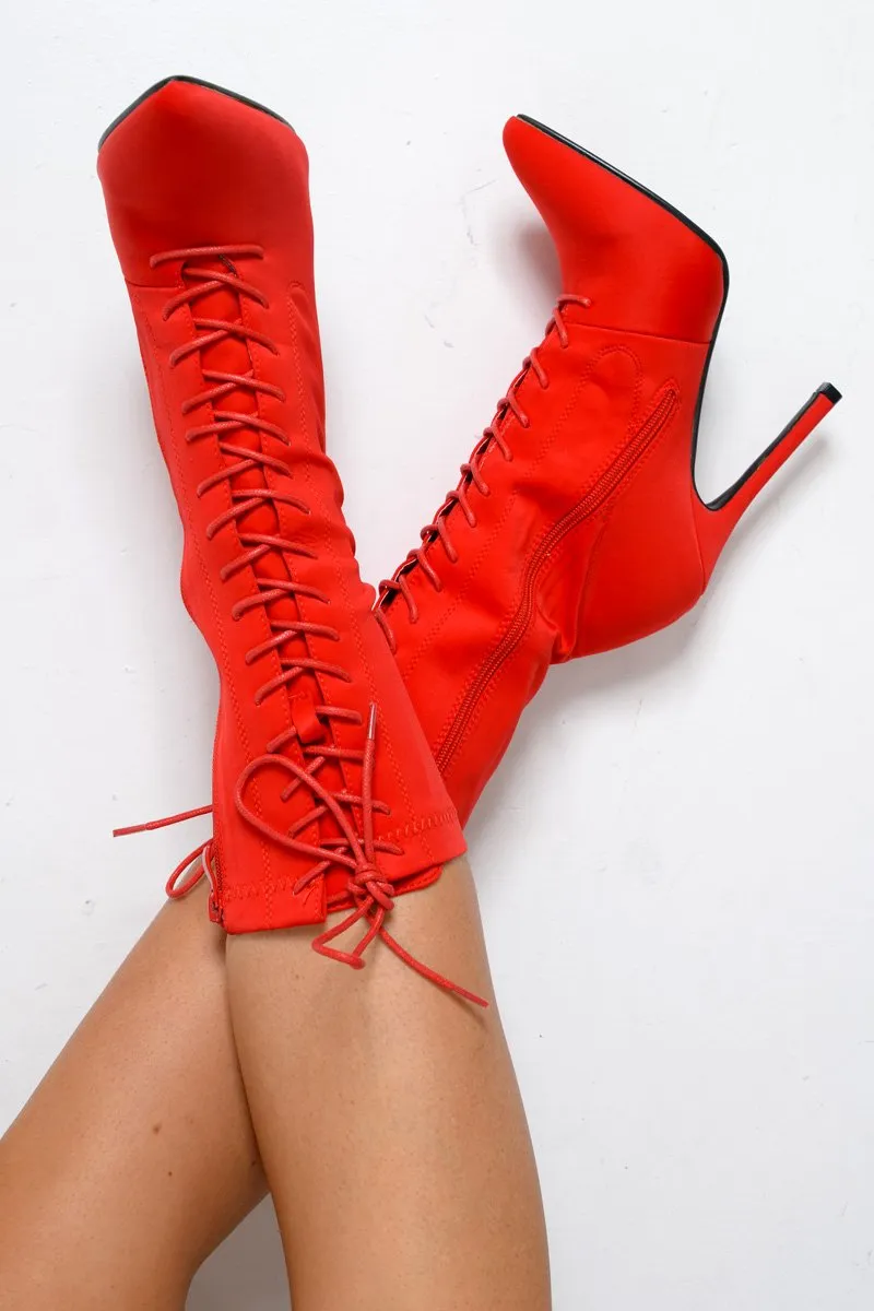 Red Stretchy Lace Up Heeled Ankle Boots - Aayla