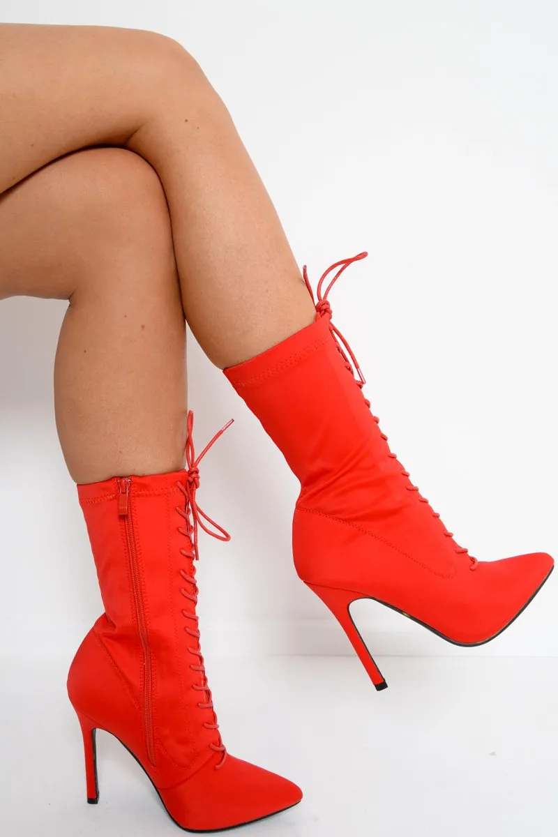 Red Stretchy Lace Up Heeled Ankle Boots - Aayla