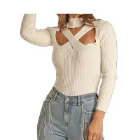 Rock & Roll: Ladies Natural Ribbed Crisscross Turtleneck Long Sleeve