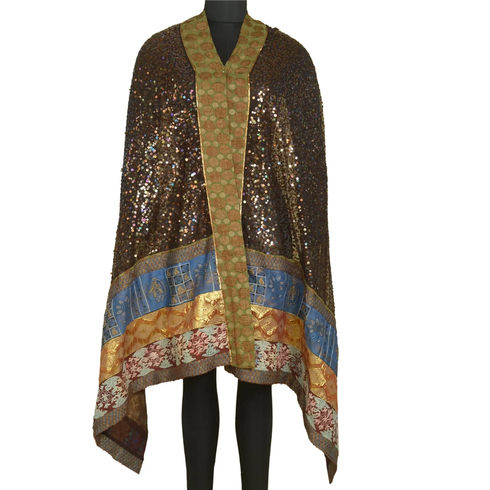 Sanskriti Vintage Brown Long Dupatta Stole Net Mesh Veil Hand Beaded Scarves