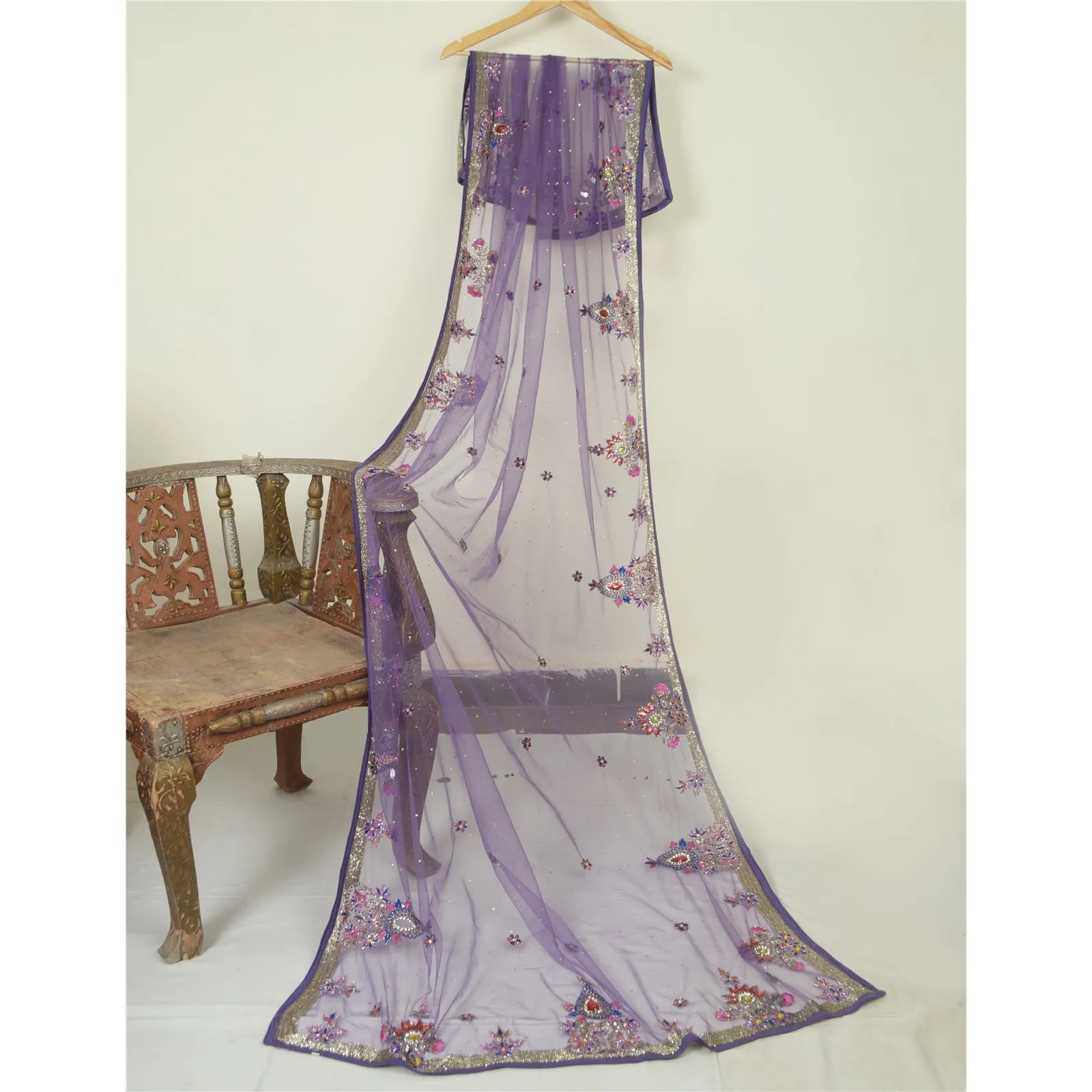 Sanskriti Vintage Dupatta Long Stole Net Mesh Lavender Hand Beaded Wrap Scarves