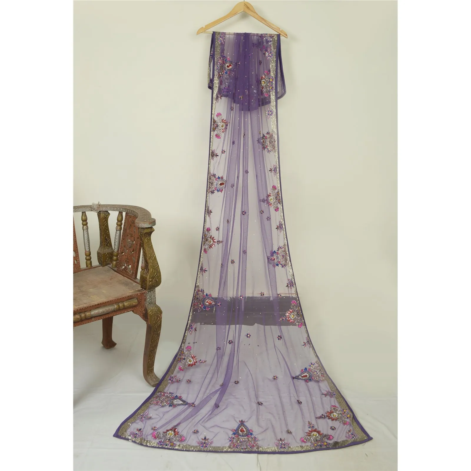 Sanskriti Vintage Dupatta Long Stole Net Mesh Lavender Hand Beaded Wrap Scarves