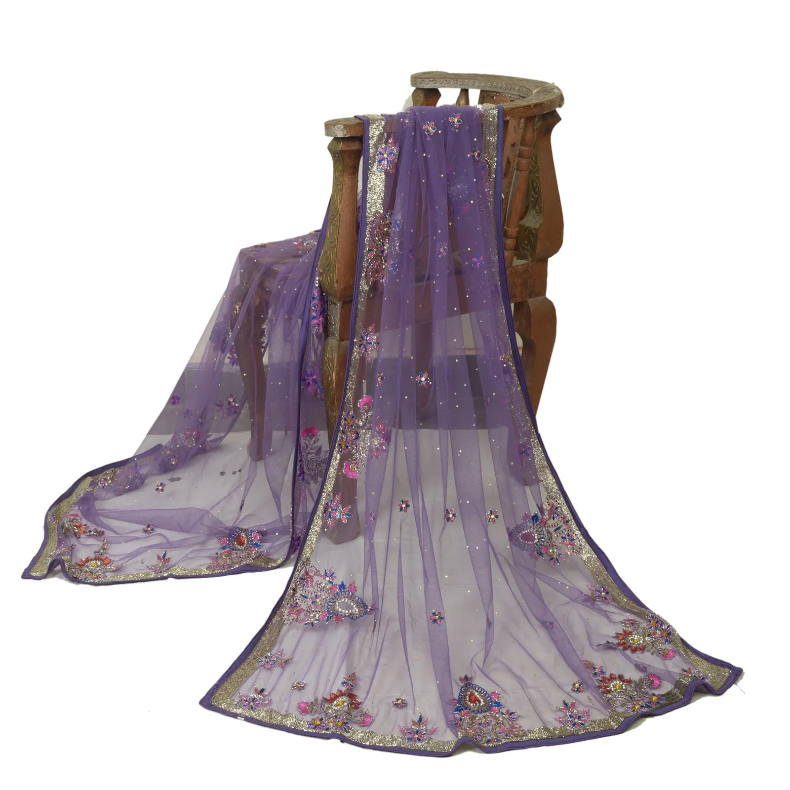 Sanskriti Vintage Dupatta Long Stole Net Mesh Lavender Hand Beaded Wrap Scarves