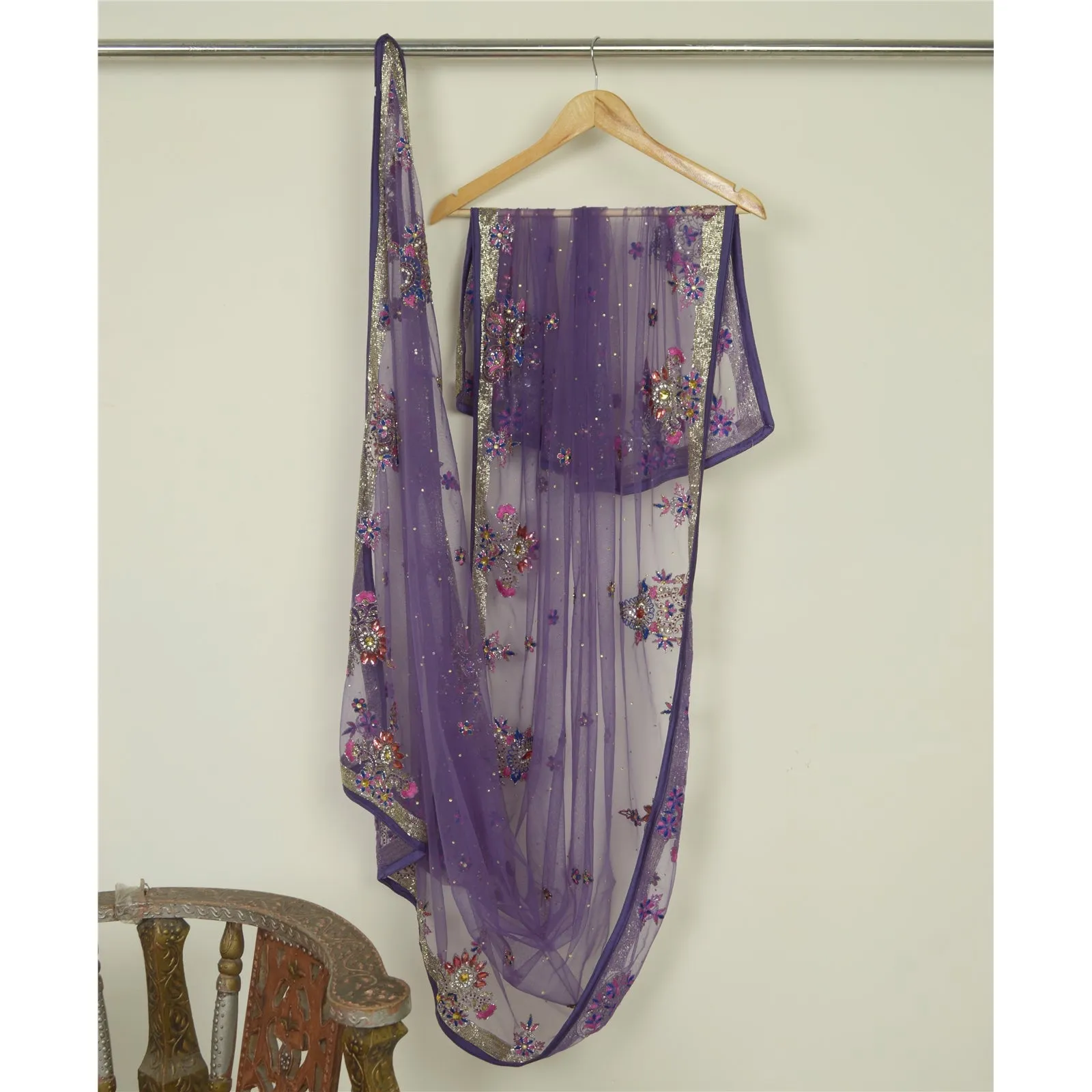 Sanskriti Vintage Dupatta Long Stole Net Mesh Lavender Hand Beaded Wrap Scarves